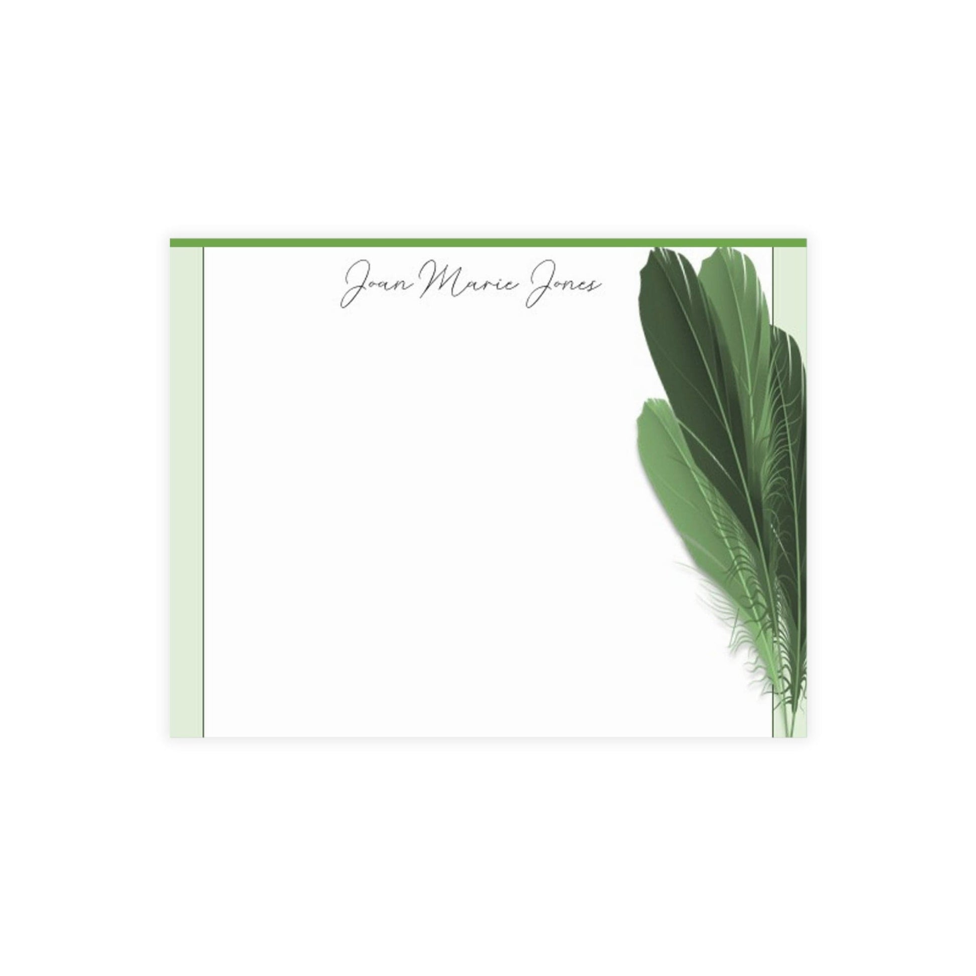 Personalized Note Card: Add a Personal Touch with Customized Stationery for Every Occasion. Green Feathers Notecard