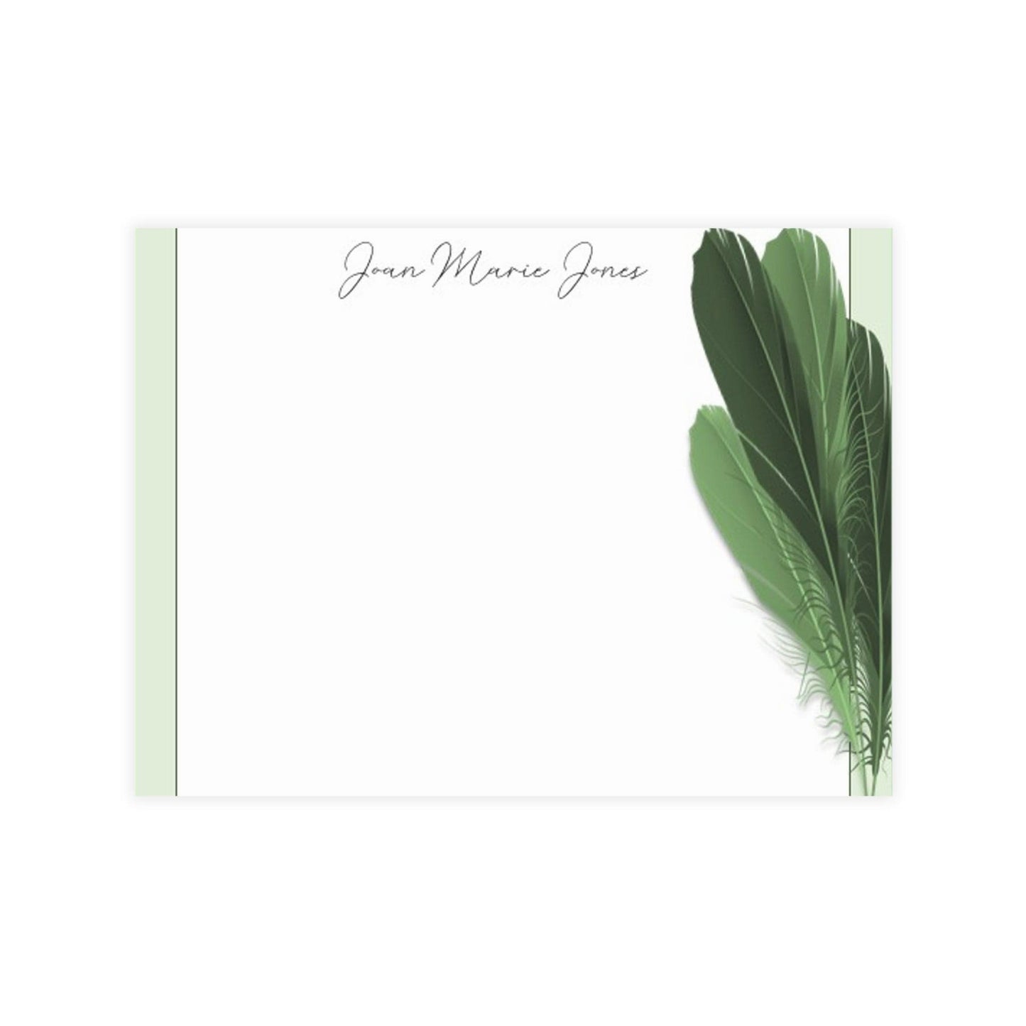 Personalized Note Card: Add a Personal Touch with Customized Stationery for Every Occasion. Green Feathers Notecard