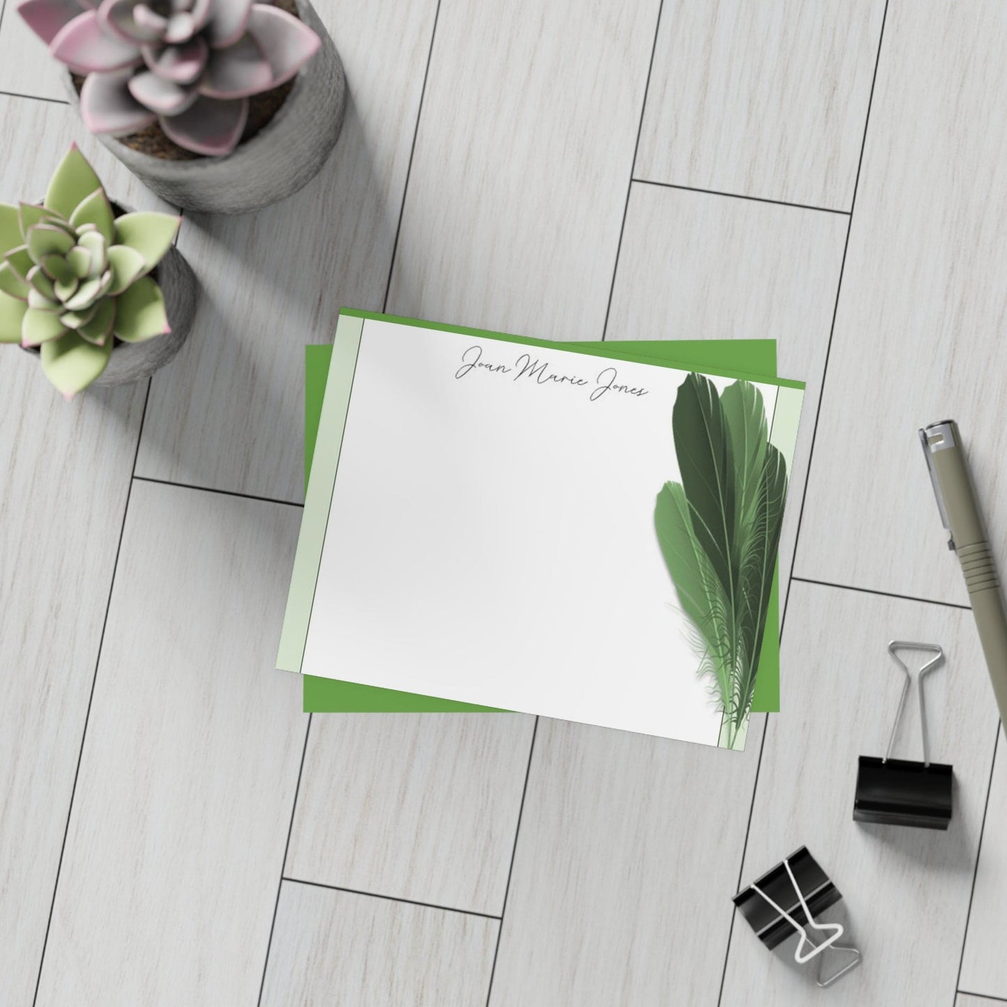 Personalized Note Card: Add a Personal Touch with Customized Stationery for Every Occasion. Green Feathers Notecard